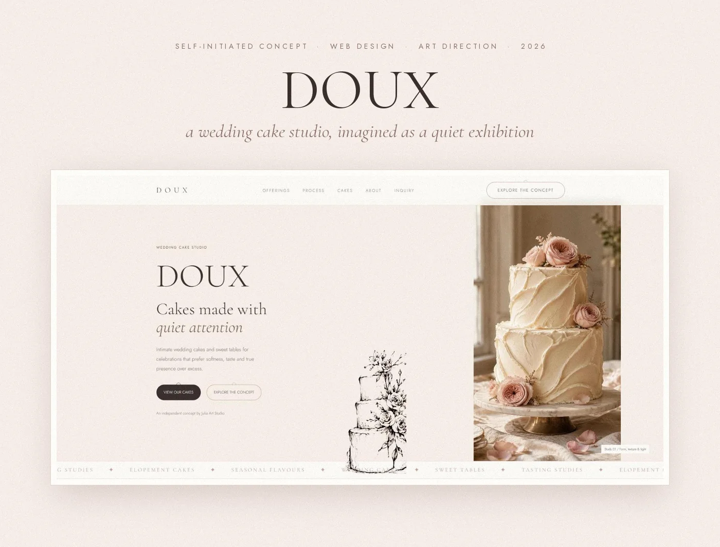 Первый экран DOUX с фотографией торта и заголовком «Cakes made with quiet attention»